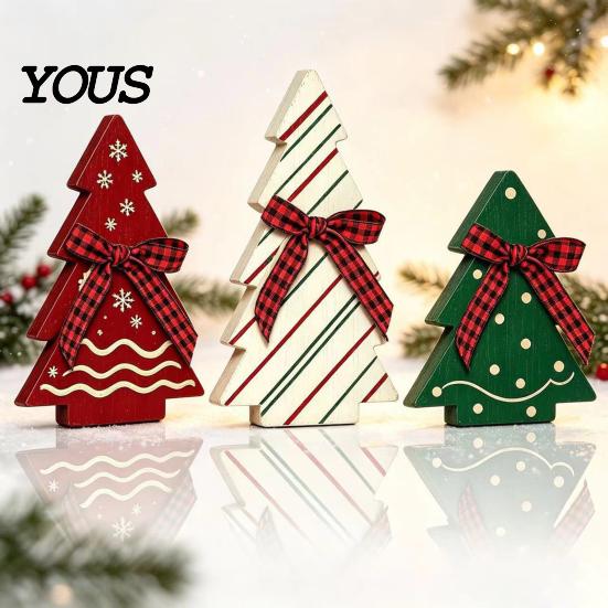 Rustic Christmas Tree Tabletop Ornaments 3Pcs Wooden with Plaid and Hemp Rope Bow, Farmhouse Indoor Decorations for Fireplace Polka Dot Xmas