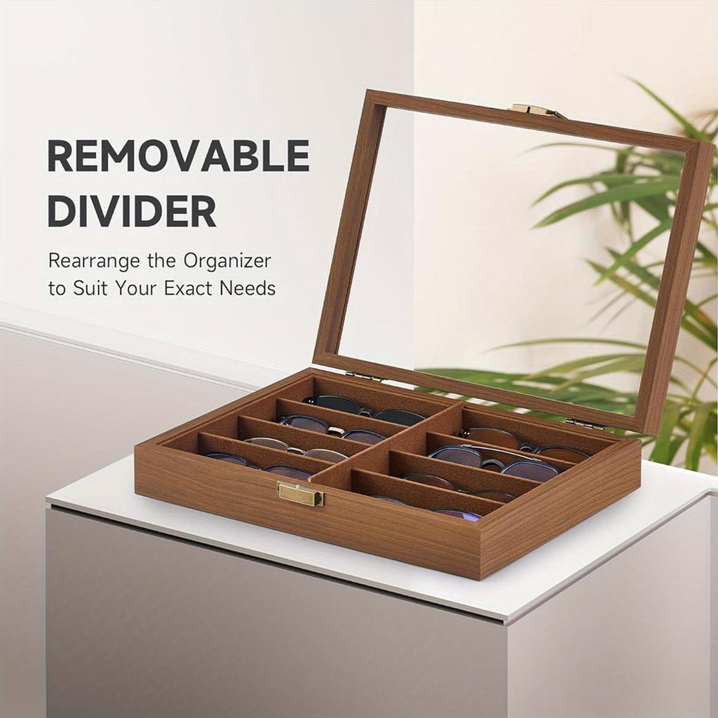 1pc 8 Grids Sunglasses Wooden Transparent Retro Storage Box with Latch, Velvet Display Cabinet,suitable for Women&men,lockable Multi Pair Glasses.