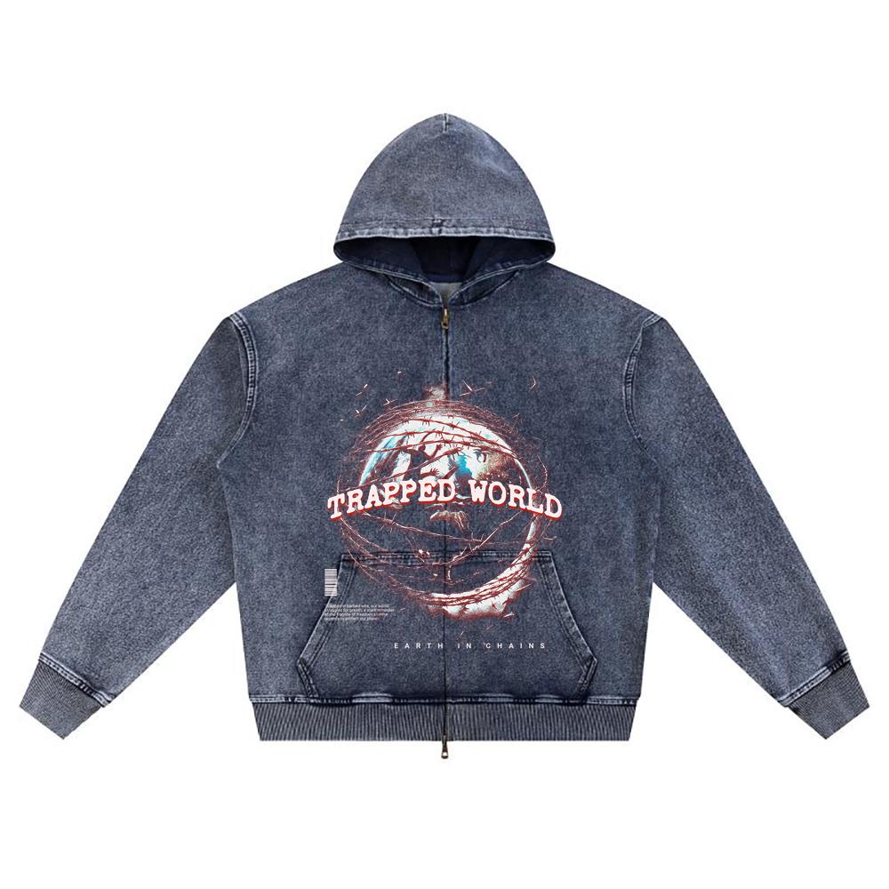 DTG Print Knitted Denim Zip-Up Hoodie Trapped World Brother Print Zipper Hoodies