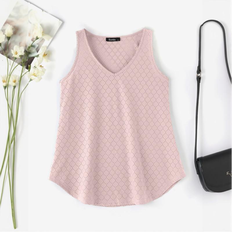 ZANZEA Women Summer V-Neck Sleeveless Solid Hollow Crochet Tank Tops