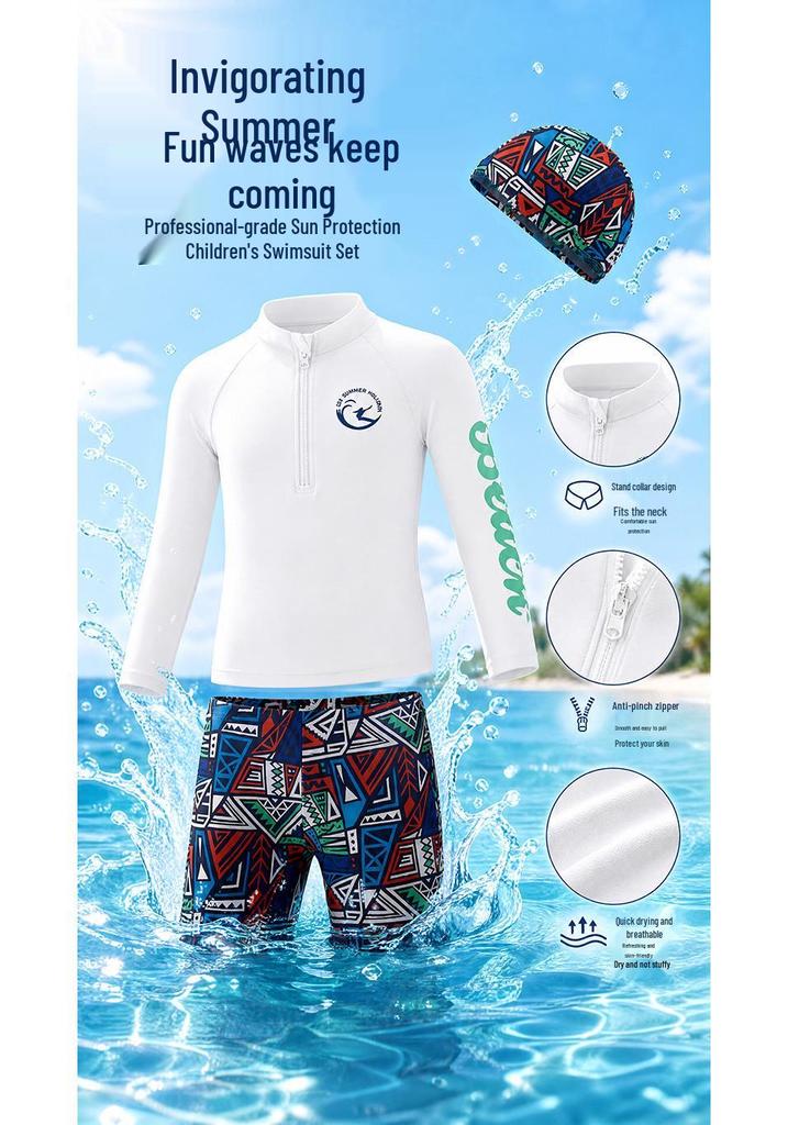 Boys' Long Sleeve Three-Piece Swim Set with Sun Protection