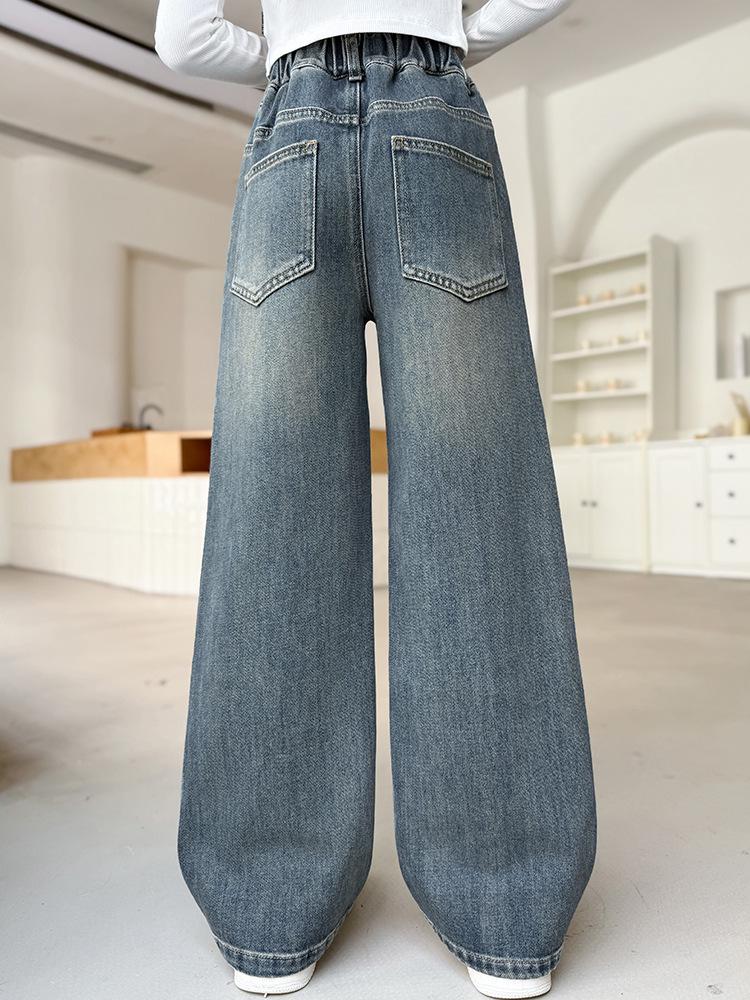 Autumn 2025 Girls' Wide Leg Jeans with 3D Flowers - Fashionable High Waist Straight Leg Pants for Kids