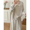 Lace lace-up crew neck sweater two-piece set autumn and winter new knitted cardigan jacket + skirt set women