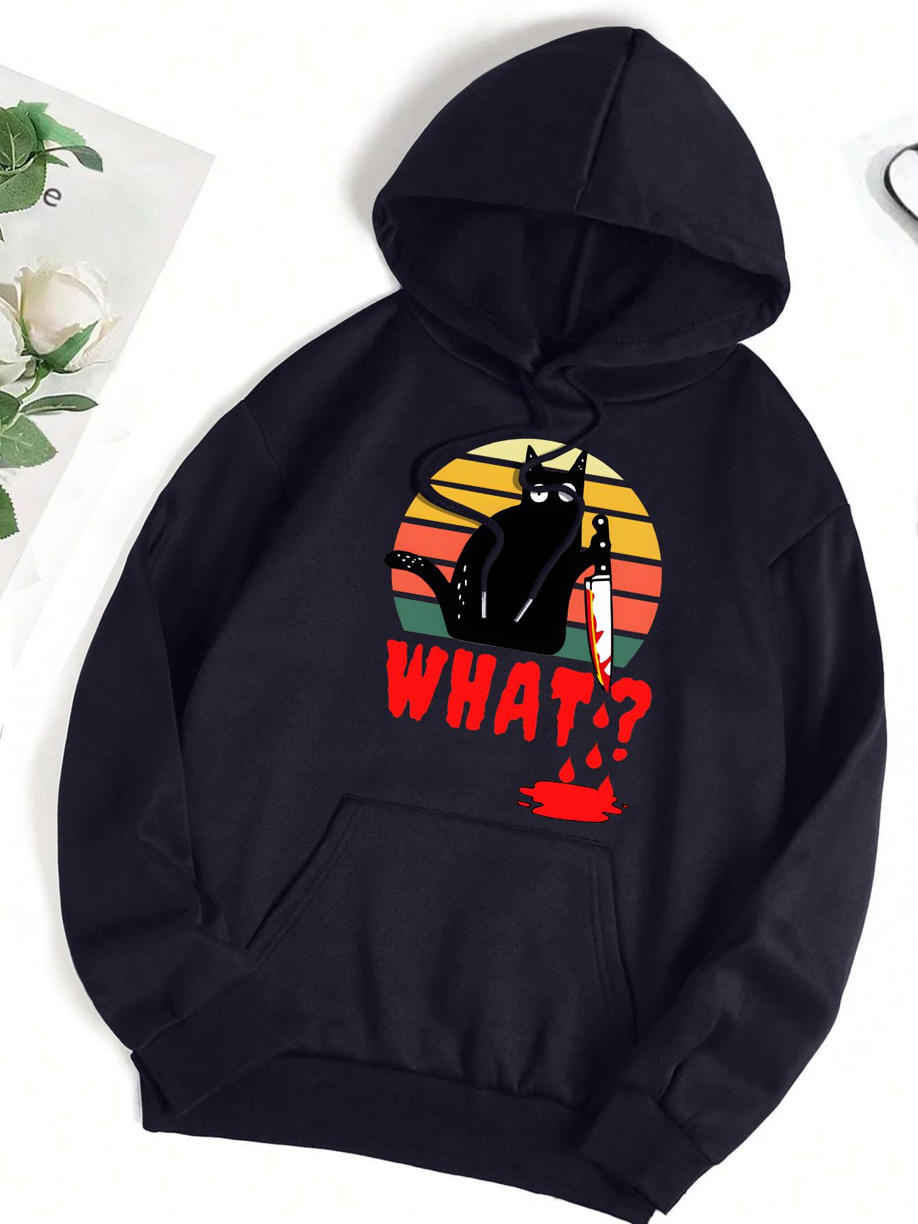 

What A Black Cat Holding A Knife Prints Women Hoodies Fleece Soft Hoody Hip Hop Loose Sportswear Casual All-Match Pullovers 3XL