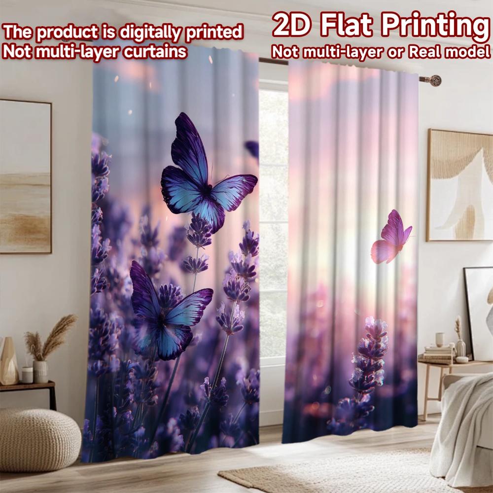 2D flat printing 2pcs Curtains Beautiful Butterflies Lavender Field Digital Printed Polyester Drapes Birthday Party for Indoor
