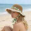 Straw Hat Wide Brim Embroidery Lace Splicing Beach Hat Embroidered Floral Adjustable Chin Strap Summer Sun Protection Hat