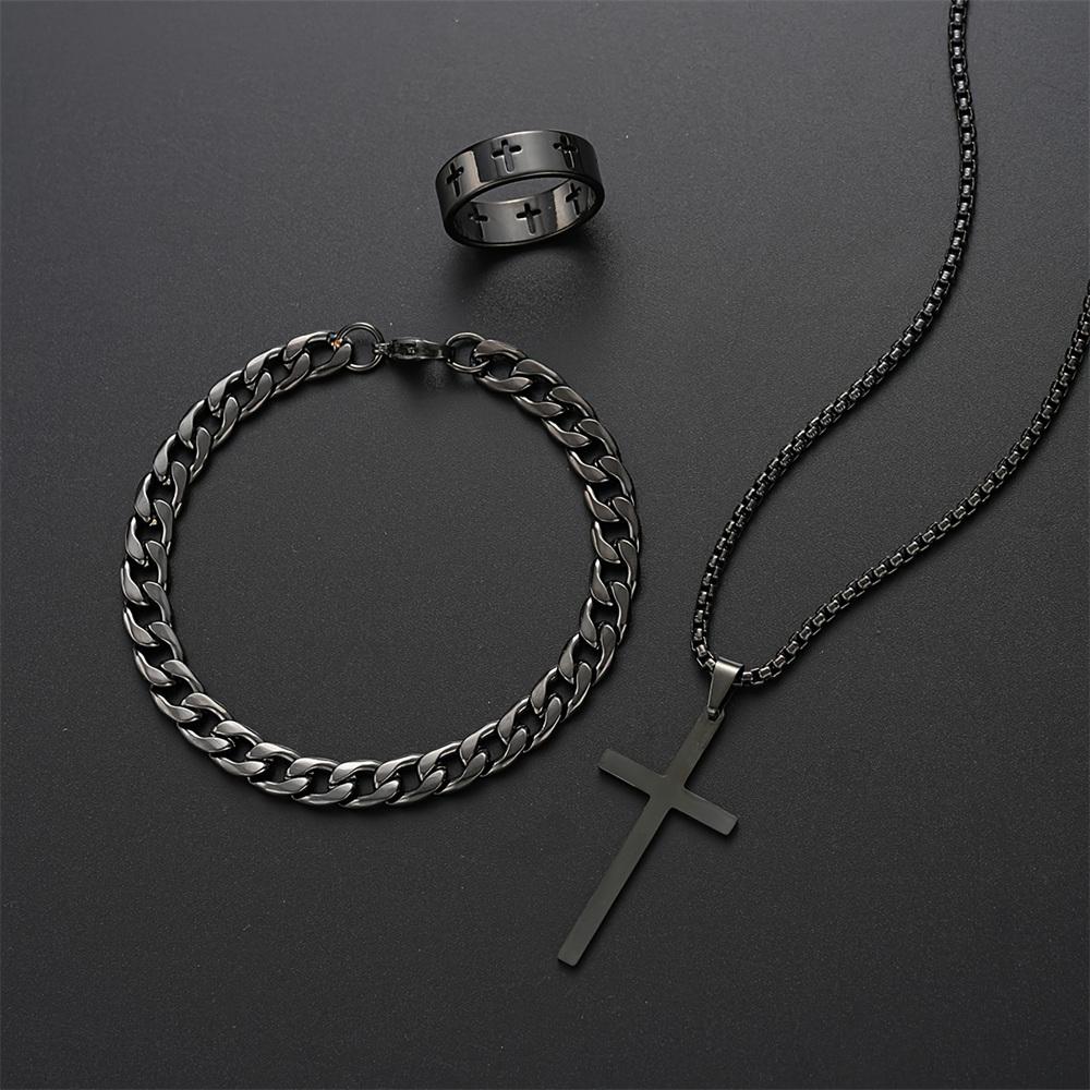 Ensemble 3 pièces Homme Acier Inoxydable Métal Pendentif Croix Chaîne Collier Bracelet Bague Ensemble de Bijoux Mâle Hip Hop Accessoires de Port Quotidien