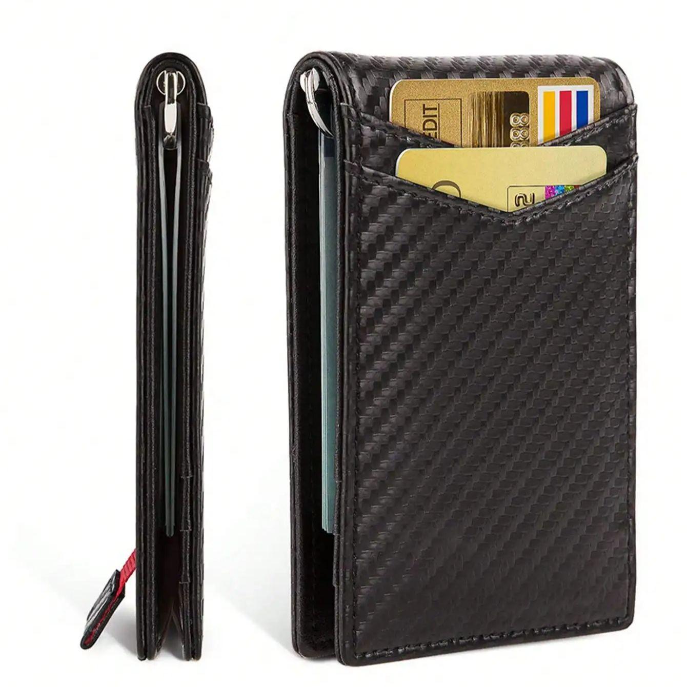 

Мужской кожаный кошелек-зажим для денег с защитой от кражи RFID, блокирующий, из углеродного волокна, с несколькими отделениями для карт, тонкий кошелек, держатель для карт чёрный