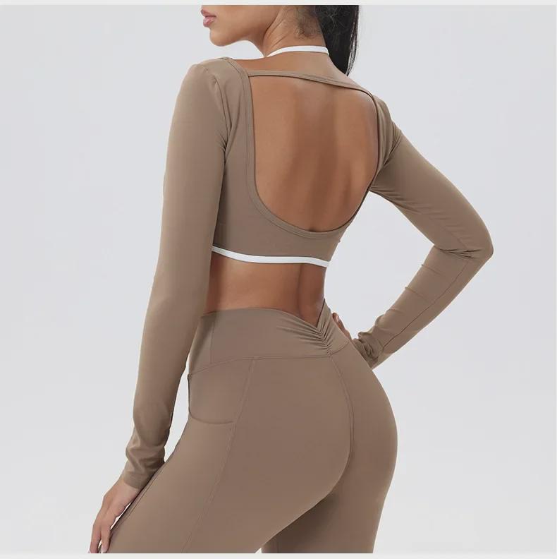 European-American Contrast Long-Sleeve Quick-Dry Yoga Top with Beautiful Back and Built-in Bra