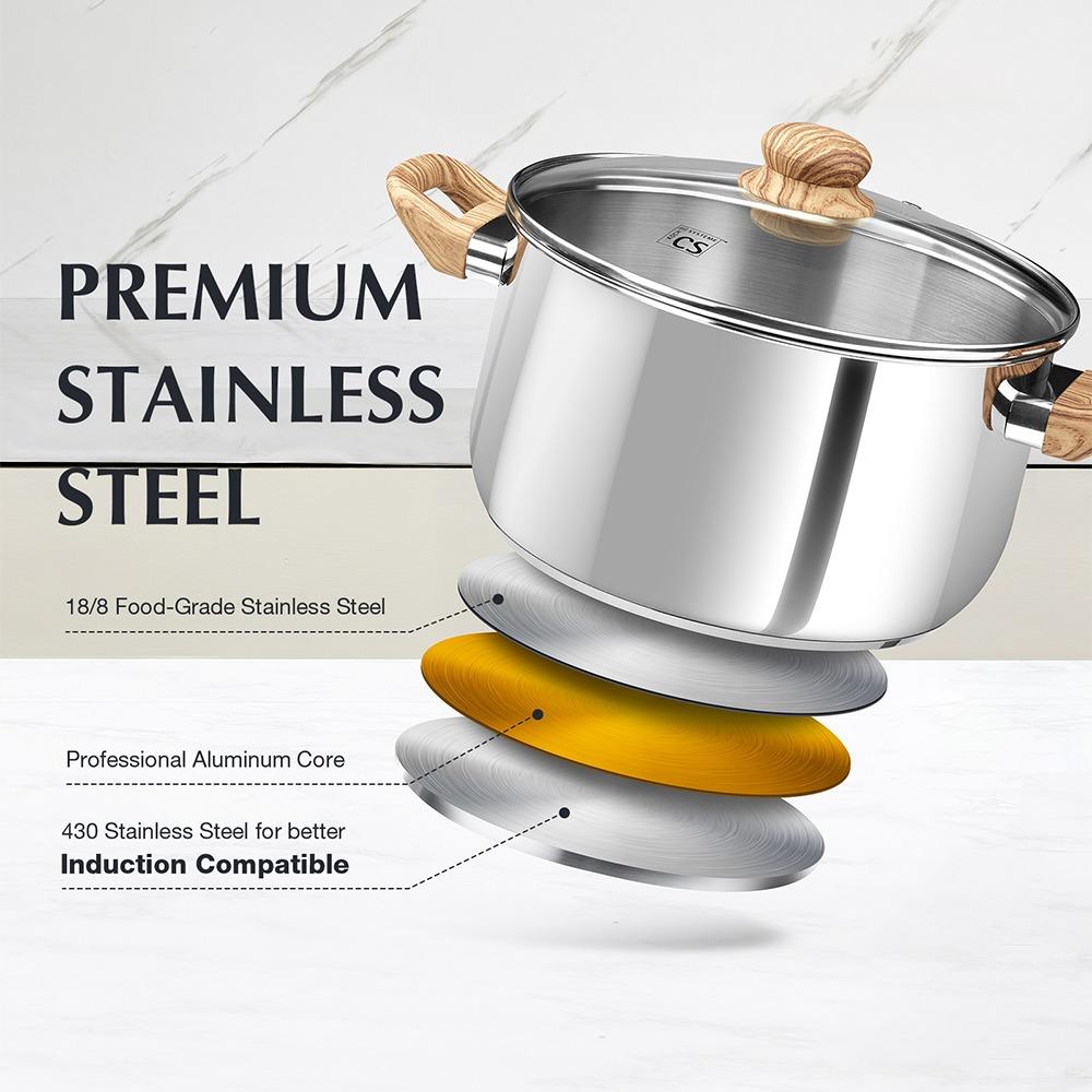 CSK Stainless Steel Pot 8 Quart Stock Pot with Visible Lid for Soup Pasta Vegetable Double Handle Dishwasher Safe