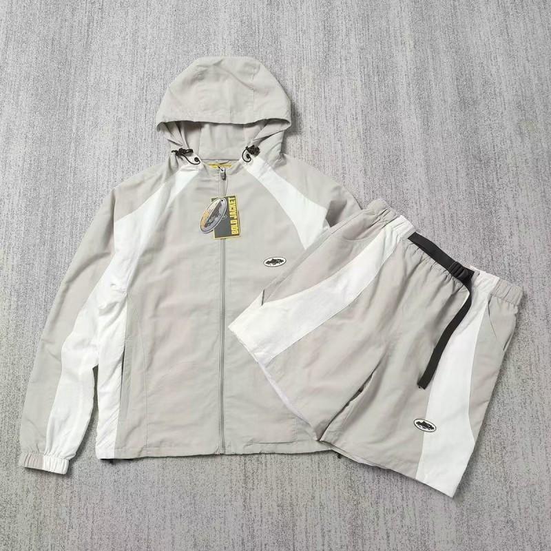 Corteiz Alcatraz Shorts Set Colorblock Embroidered Badge Unisex Hooded Windbreaker Jacket Streetwear
