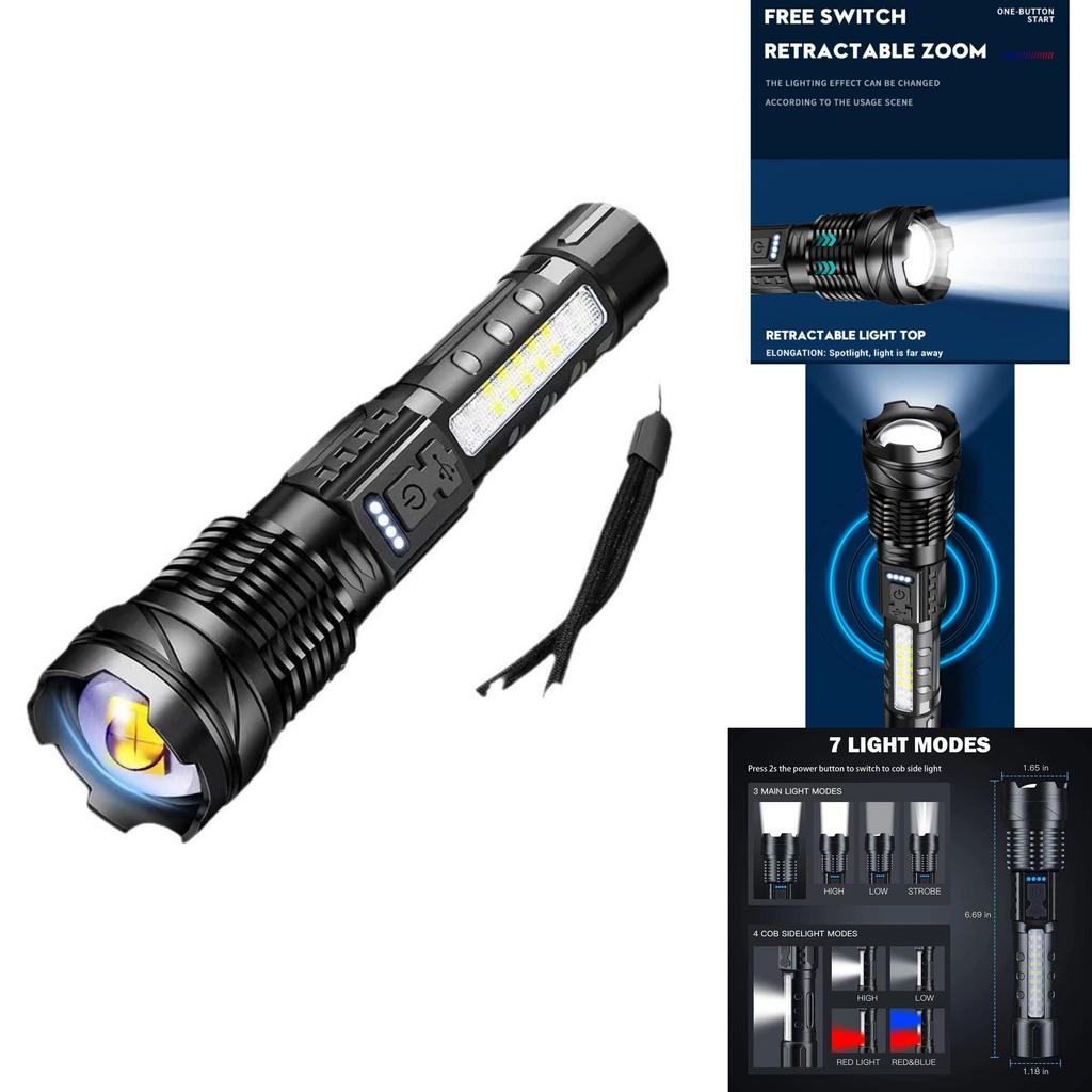 Strong Led Rechargeable Flashlight With Cob Work Light For Camping And Emergency Use