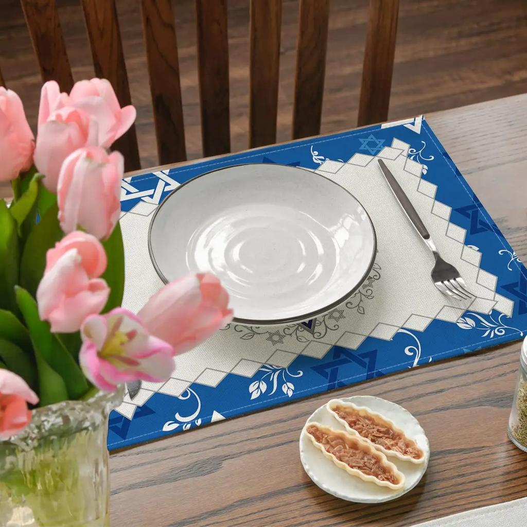 4PCs Jewish Style Linen Placemats for Dining Table Kitchen Accessories Rustic Vintage Washable Table Mats Party Decorations