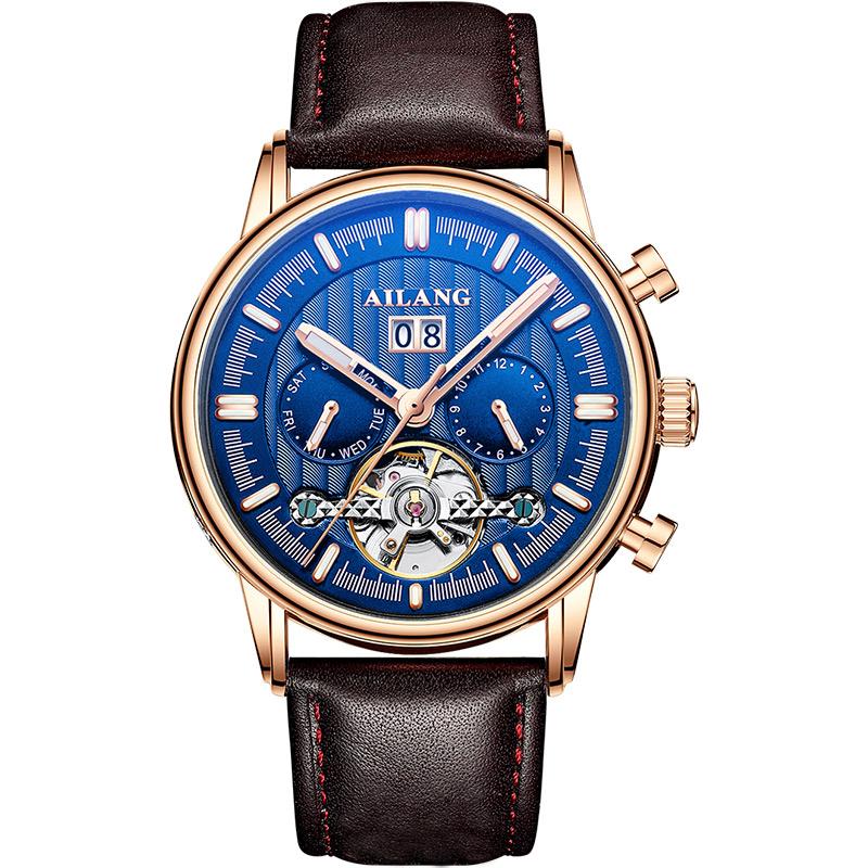 AILANG Brand Leather Tourbillon Man Watches Luxury Automatic Mechanical Sport Waterproof Watches Men's Luminous Calendar Reloj