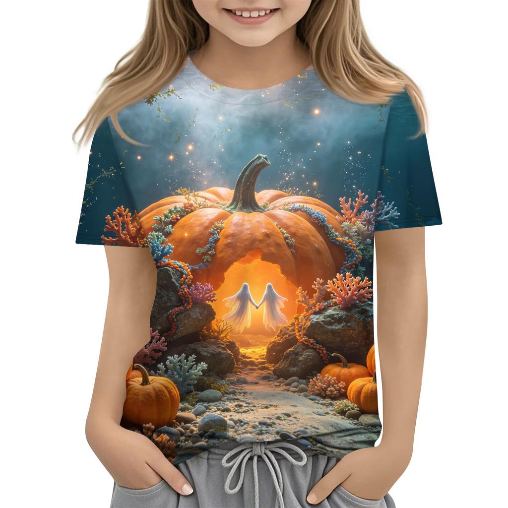 Kids Halloween Print Short Sleeve T Shirt Round Neck Casual Top Boys Girls Comfortable Fit Lightweight Fabric Soft Material