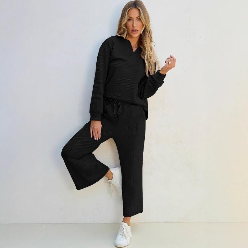 YYFS Damenmode Casual Frühling Herbst Einfarbig Druck Langarm V-Ausschnitt Hosen Hosen Anzüge