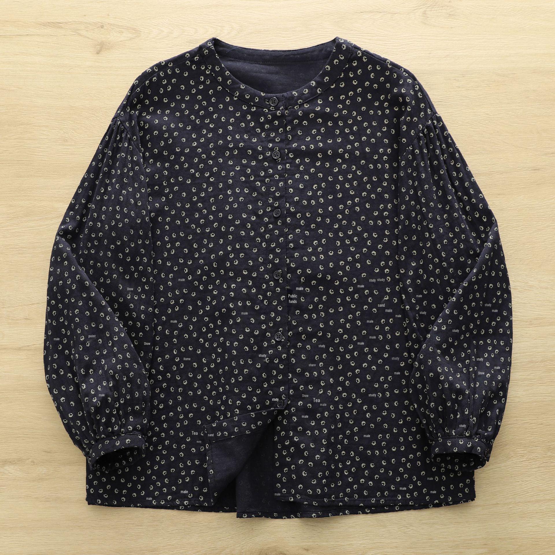 

Korean Style Spring 2026 Women s Printed Doll Shirt with Round Neck and Lantern Sleeves One Size темно-синього кольору