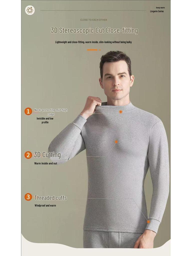 Men's Pure Cotton Thermal Underwear Set: High Neck Top & Bottoms for Cold Protection and Quick Warmth