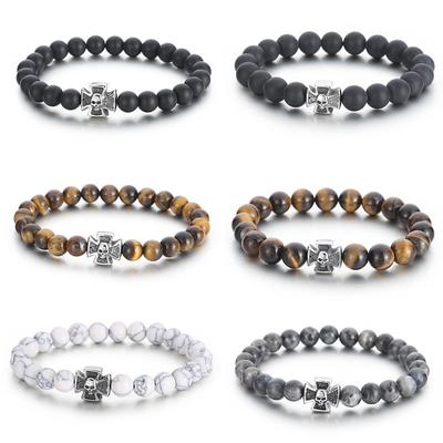 Europäisches und amerikanisches mattschwarzes Achat-Armband, weiße Kiefer, Tigerauge, Stein, Kreuz, Regal, Totenkopf, Titanstahl, Herren-Perlenarmband