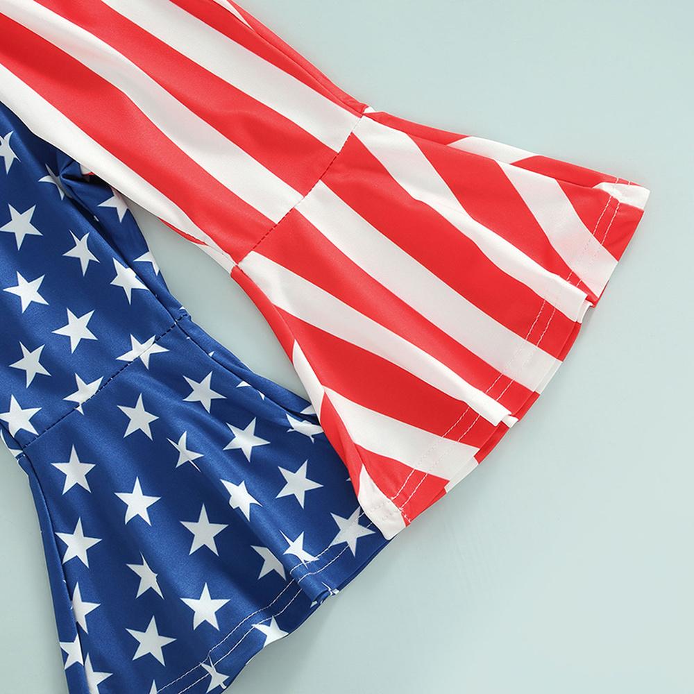 Completo da 2 Pezzi per Bambina con T-shirt Stampata con Lettere e Fiocco e Pantaloni a Zampa d'Elefante Stampati con Stelle e Strisce per Bambini da 1 a 5 Anni