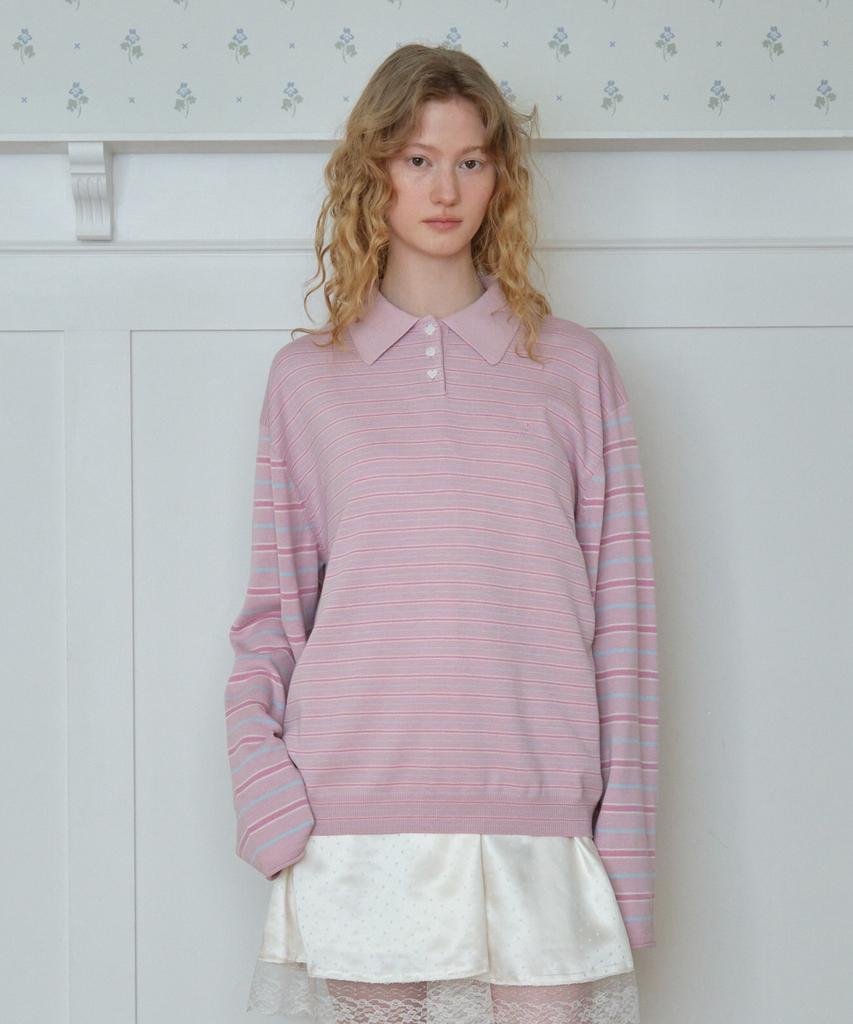 Tudument Stripe Long Sleeve Polo Knit_Pink