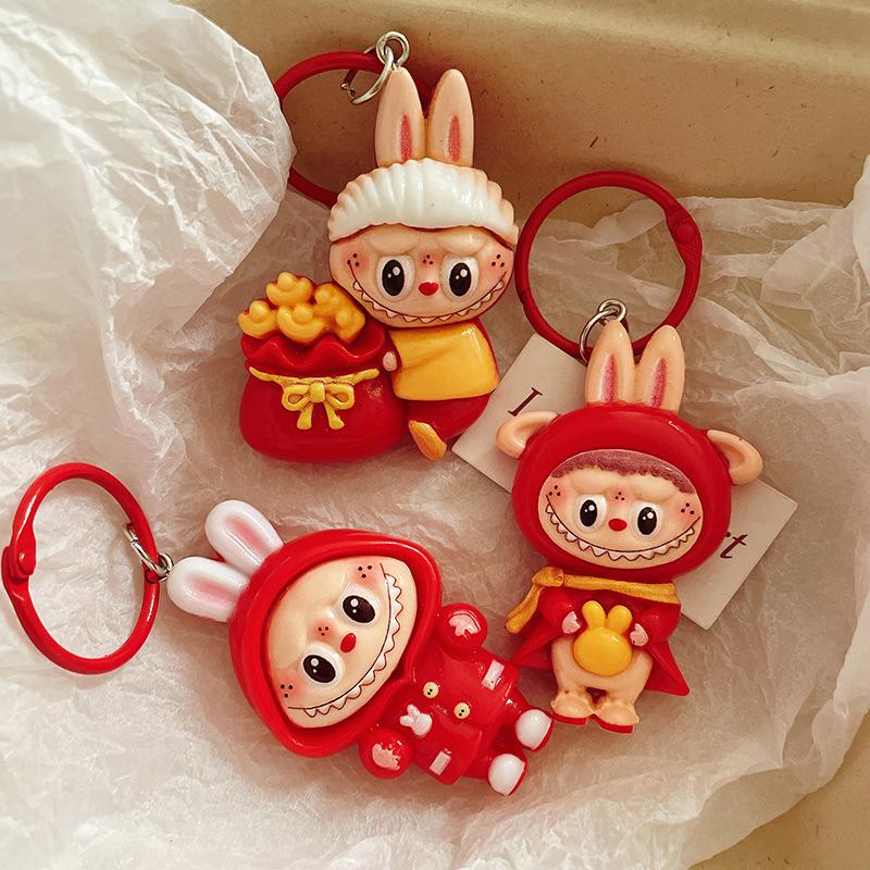 Cute Red Cartoon Large Size Labubu Keychain Kawaii Cartoon Doll Keyring Bag Pendant Lovely Key Accessories For Girl Gifts