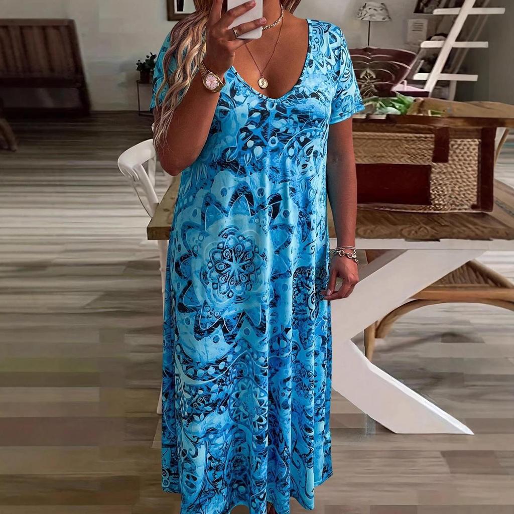 European-American Fashion Casual Vacation V-Neck Printed Long Dress with Short Sleeves