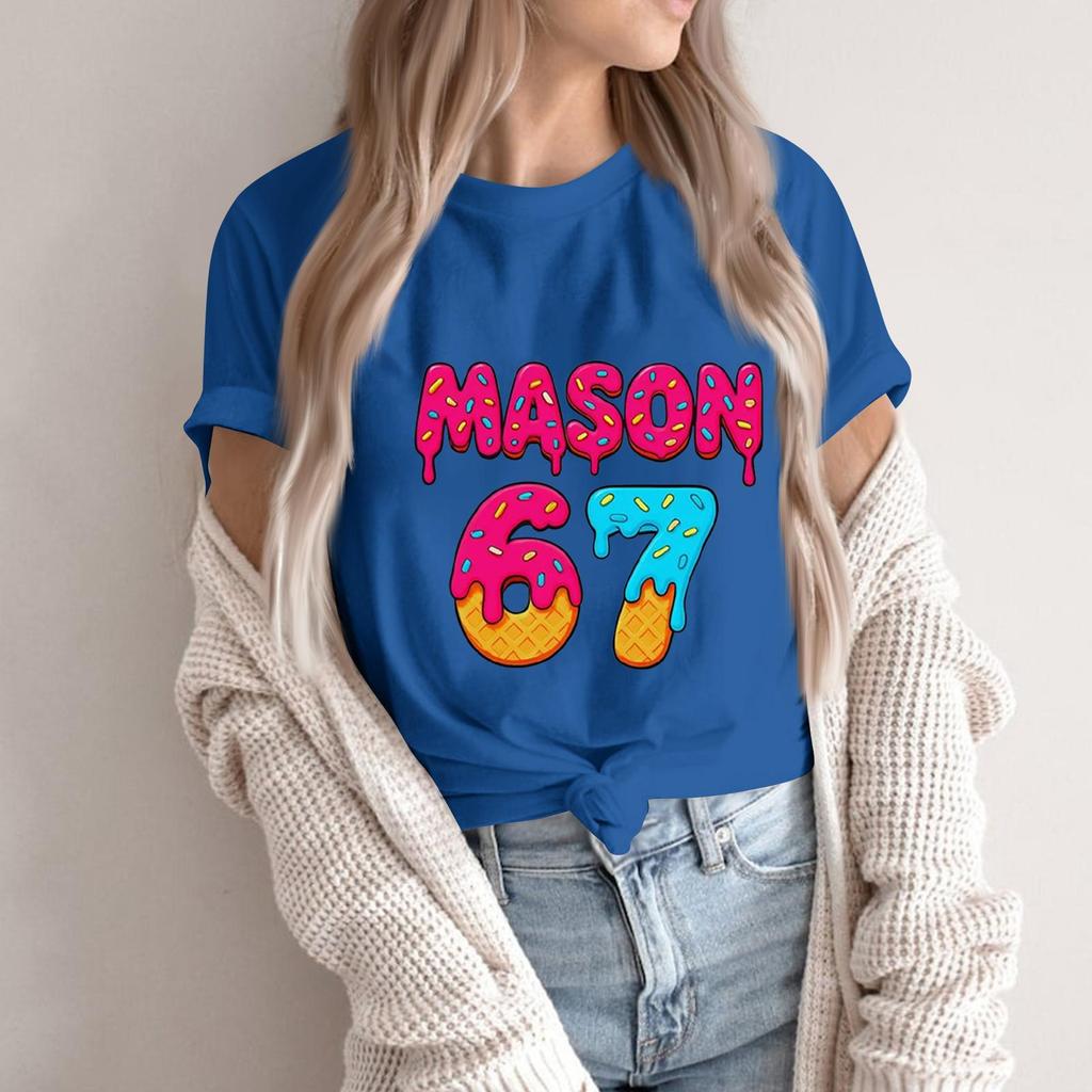 Women's Fashionable Casual Short Sleeved Printed T-Shirt Round Neck Top