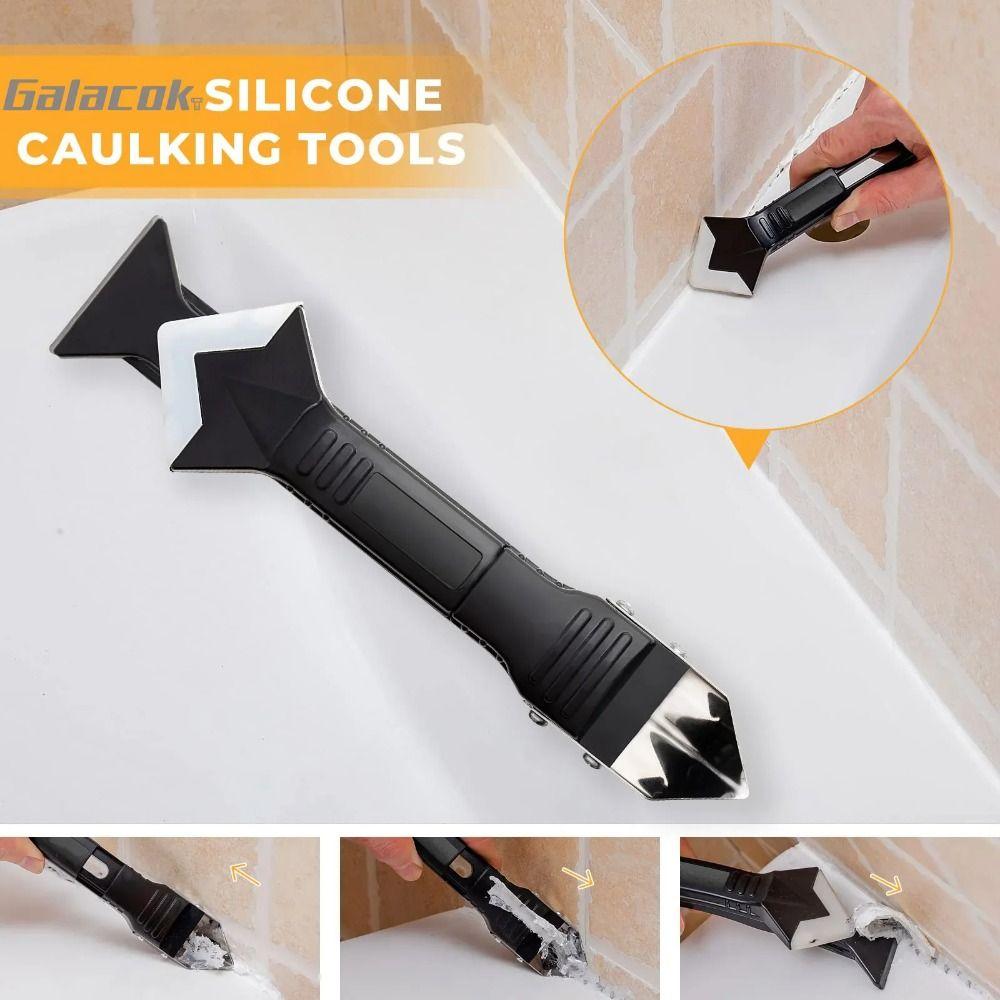 Metal Head 5 In 1 Metal Head Shovel Glue Tool Kit Silicone Ergonomic Handle Silicone Spatula Corner Scrap Grout Removal Tool