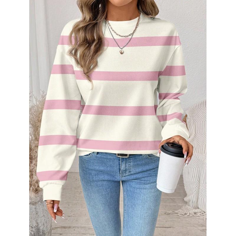 Womens Casual Striped Print Hoodie-Free Sweatshirt Loose Fit Round Neck Long Sleeve Top 2025