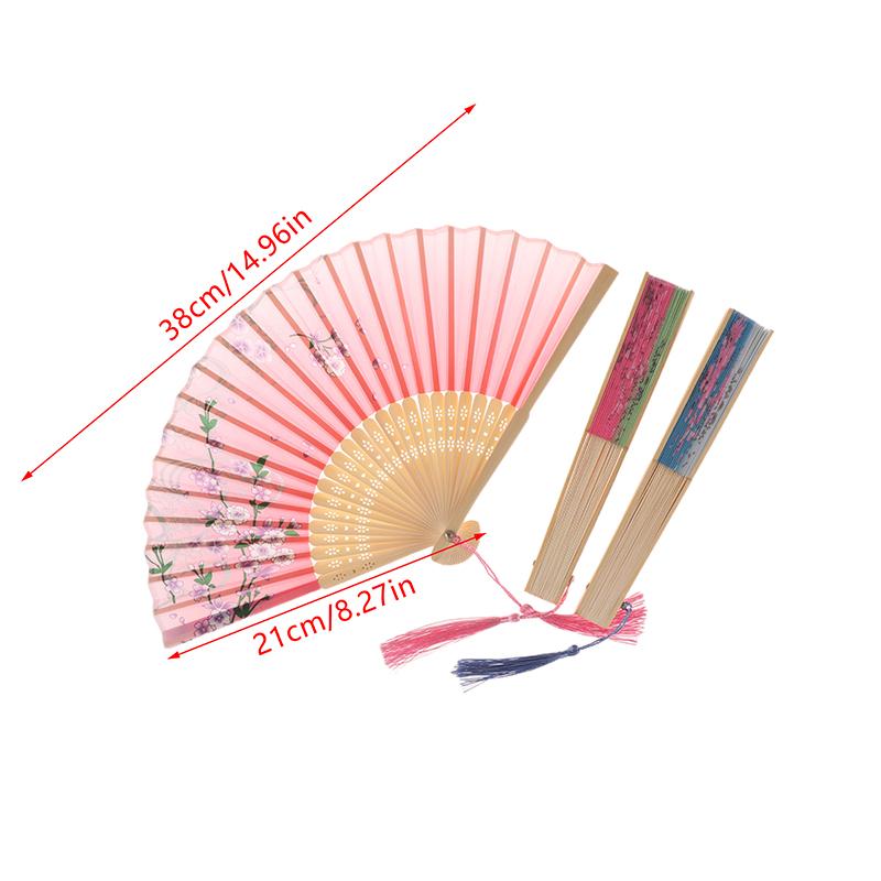 Vintage Printed Silk Folding Hand Fan Tassel Chinese Bamboo Fans Women Dance Performance Props Home Decoration Ornaments