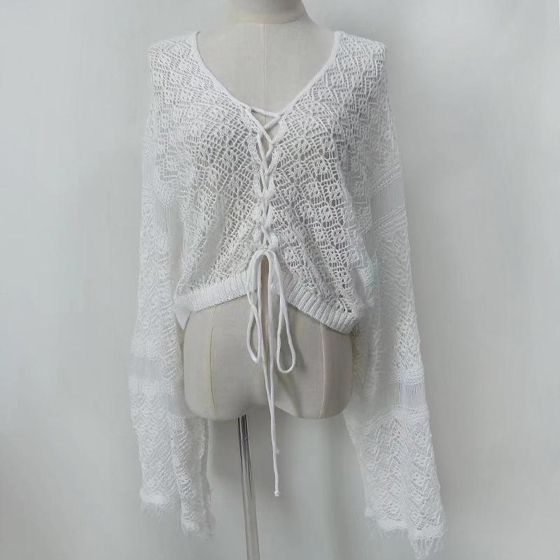 Nowa letnia koszula plażowa dla kobiet jednolity kolor seksowna dzianinowa ażurowa strój kąpielowy bikini plażowy z kapturem chroniący przed słońcem