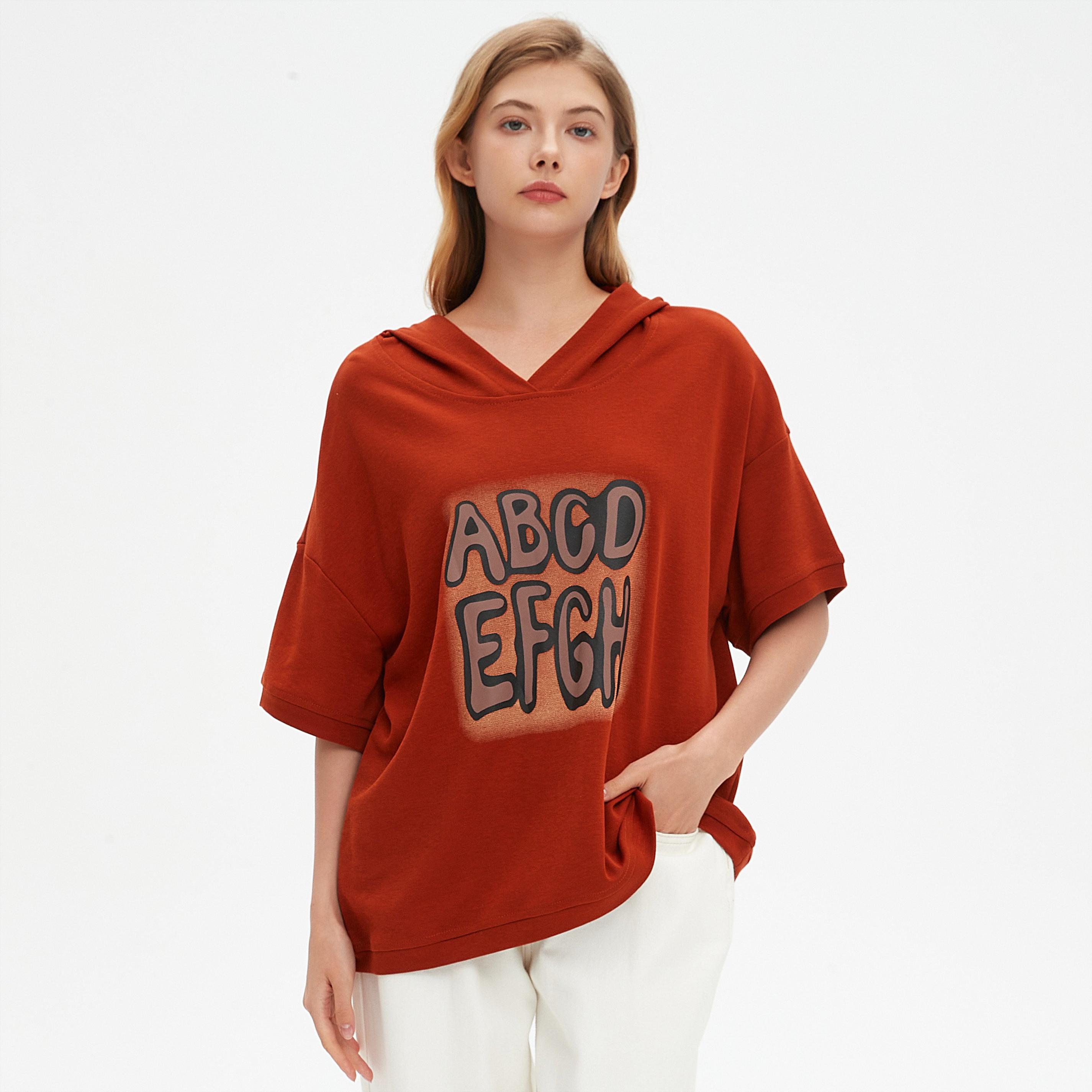 

Dimanaf 2025 Летние толстовки с капюшоном, хлопковые футболки для женщин с коротким рукавом и принтом букв, свободные оранжевые футболки One Size оранжевый