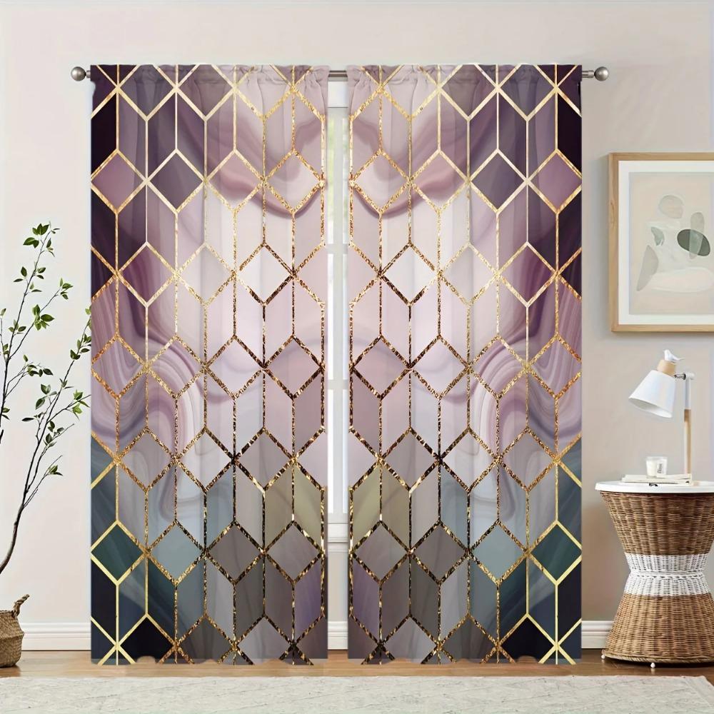 2pcs Modern Abstract Art Gray Golden Marble Printed Window Curtain For Bedroom Office Kitchen Living Room Rod Pocket Cortinas