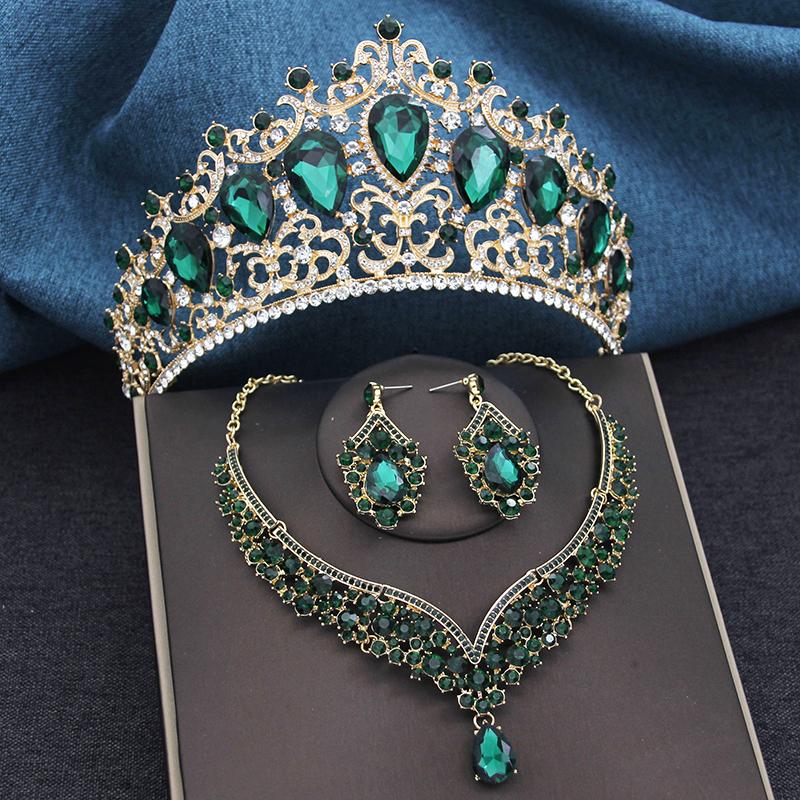 Gorgeous Blue Crown and Necklace Earrings Sets for Brides Prom Large Tiaras Princess Diadem Bridal Dubai Jewelry Set Wedding