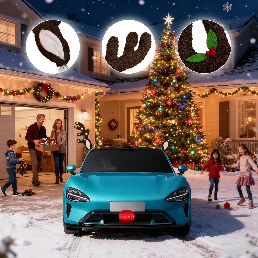 Car Reindeer Antlers Christmas Decoration Deer Ears Glowing LED Antler With Nose Automotive Exterior Window Roof Top Decor