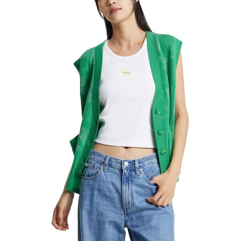 Calvin Klein Letter Jacquard Single-Breasted V-Neck Sleeveless Cardigan Women cardigans Emerald-Green J222304-LGP