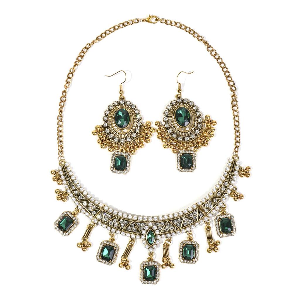 Retro Indian-Style Rhinestone Necklace & Earring Set with Tassel Clavicle Chain