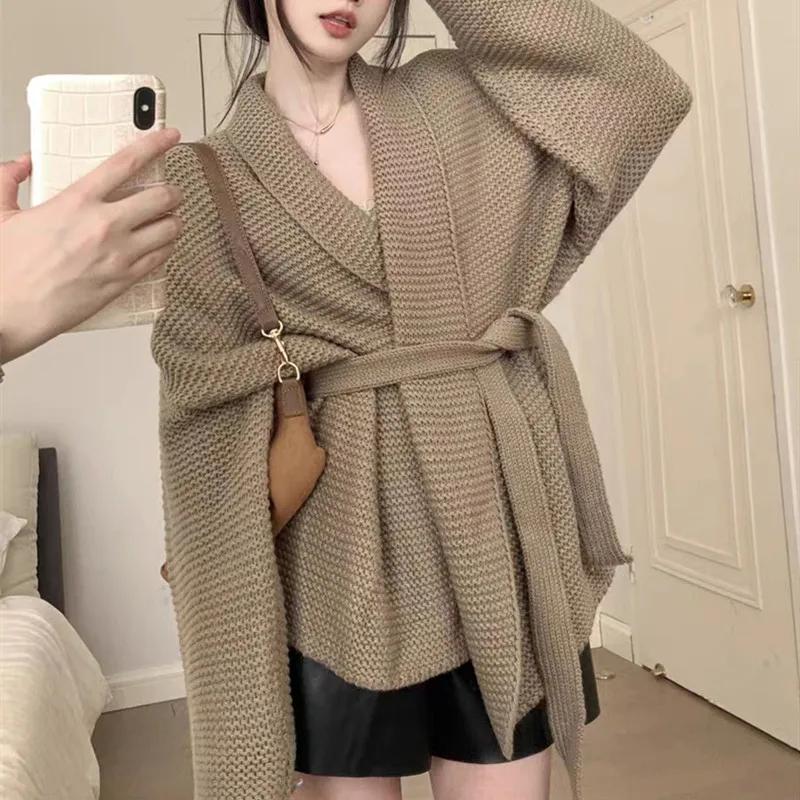 Knitted Female Cardigan Bathrobe Wind Aura Type Lace Up Autumn Winter Lazy Loose Sweater