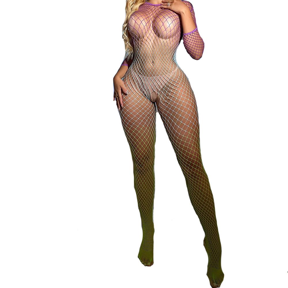 Erotic Color Gradient Transparent Sexy Lingerie  Open Crotch Bodystocking Crotchless Underwear Fishnet Babydoll Bodysuit
