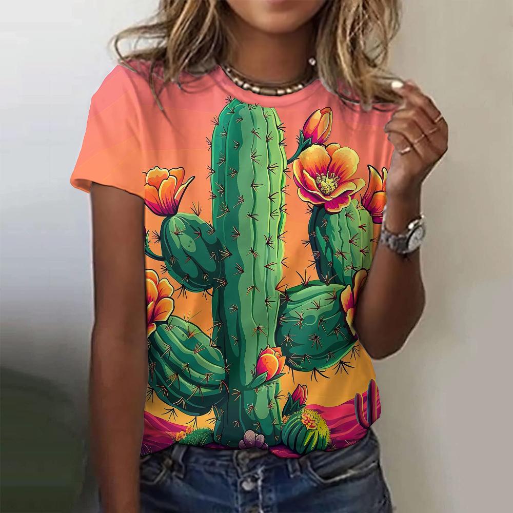 Letni T-shirt z kreskówkowym nadrukiem 3D, luźny krój, modny top z wzorem kaktusa, T-shirt z okrągłym dekoltem i krótkim rękawem, top damski
