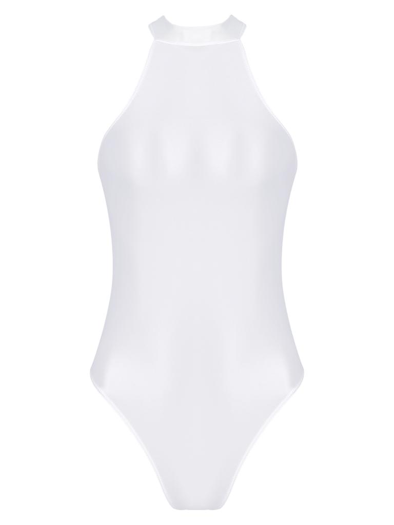 Femei fără mâneci guler fals bodysuit spate fermoar închidere lucioasă leotard costume de baie elastice dans performanță ținută