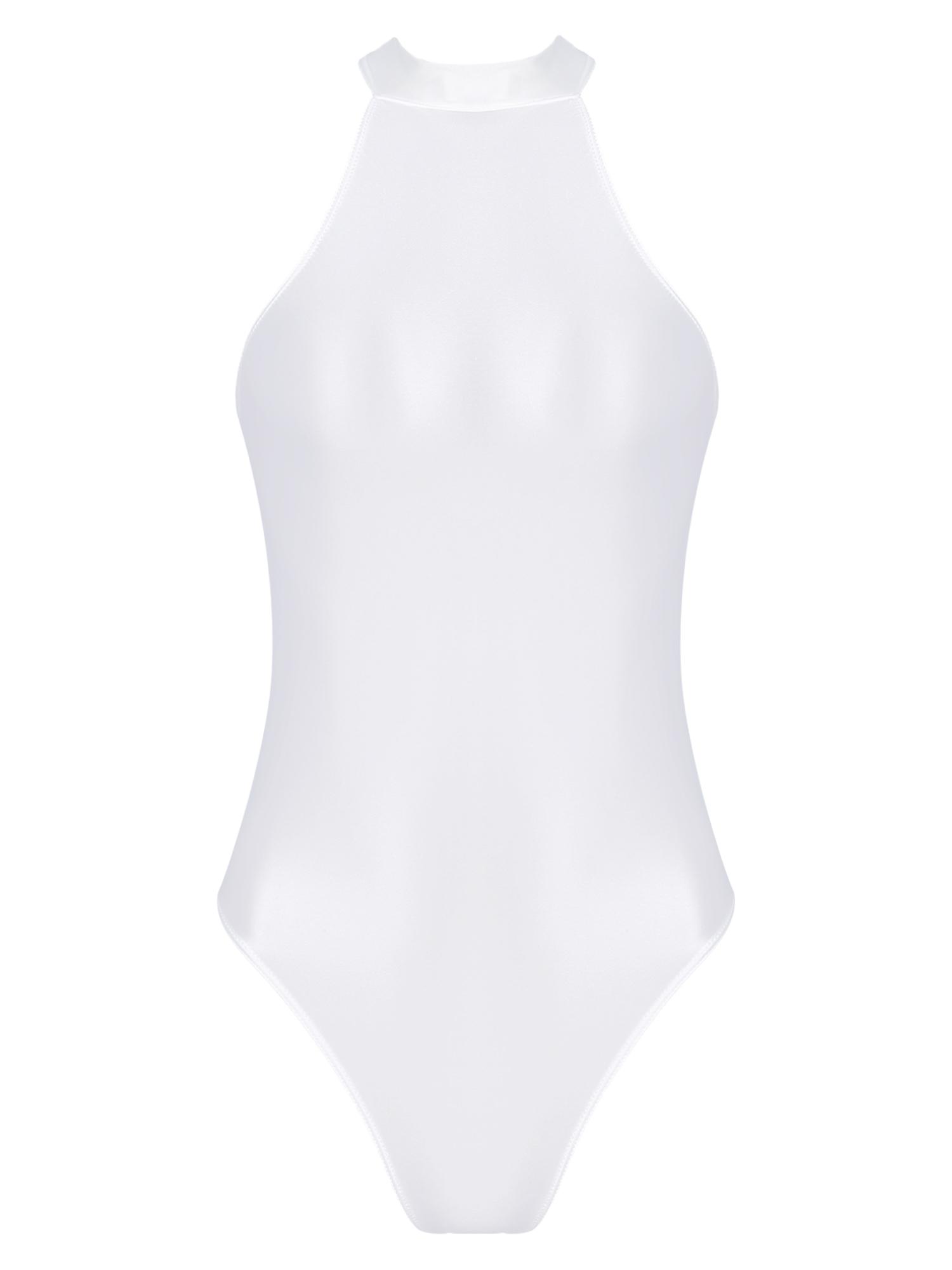 

Жіночий боді без рукавів з коміром-стійкою, застібка-блискавка ззаду, глянсовий леотард, купальник, еластичний костюм для танцювальних виступів XL білий