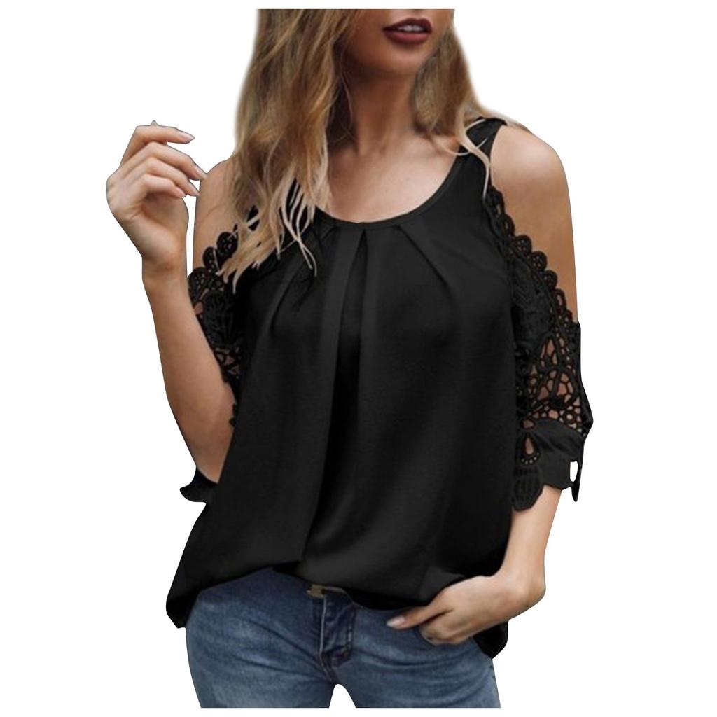 Women Sleeveless Lace Cold Shoulder Blouse Shirt Summer Casual Loose Fit Top with Hollow Out Sleeve Design
