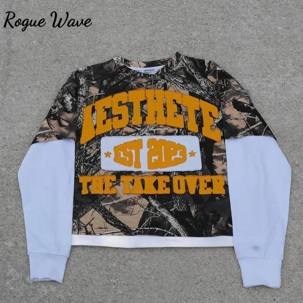 RogueWave Americká Streetwear Harajuku Potisk Kamufláž Pulovr s Dlouhým Rukávem Pánský Dlouhý Rukáv Y2K Volné Písmenový Potisk Nadměrné Tričko