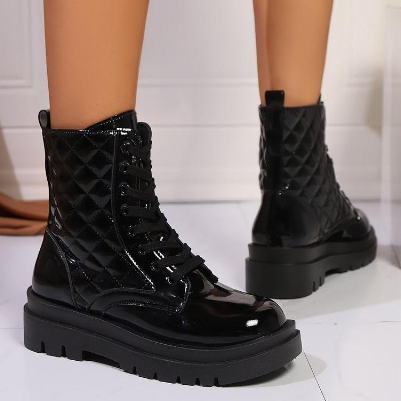 Plus Size Bright Leather Black Martin Boots New Mid-length Platform Lace-up Versatile Women's Boots for Autumn and Winter