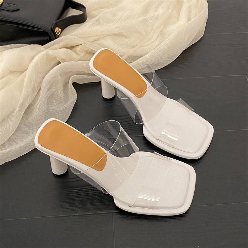 Fashion Women's Fashion High-heeled Sandals Summer New Square Head Open Toe Transparent Strap Set Foot Anti-slip Wear Slippers
