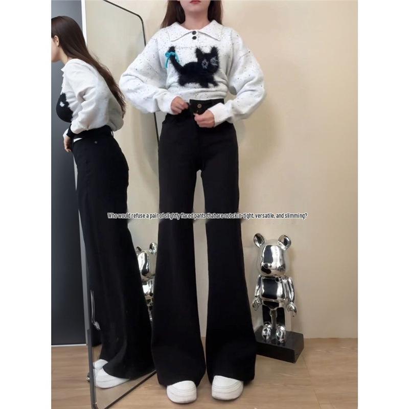 Women s Plus Size Black Velvet Flare Jeans - Autumn/Winter, High Waist, Slimming, Elastic, Petite Fit S