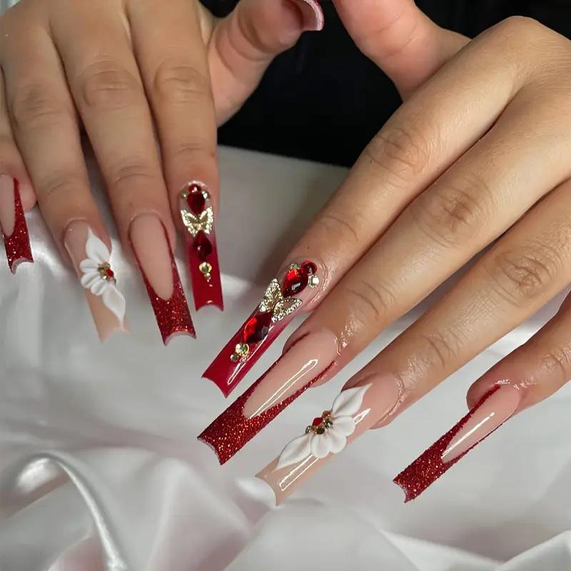 

Red Gradient Butterfly Rhinestone Coffin Press-On Nails