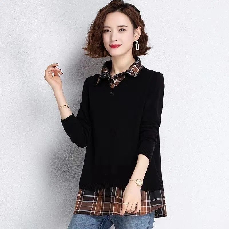 Женский свитер-двойка, весенний свитер с рубашечным воротником, базовая рубашка, весенне-осенний свободный пуловер XXXL чёрный